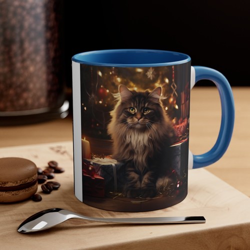 Tazza da caffè colorata 11 once gatto tabby a pelo lungo che celebra il Natale vigilia di Natale - Foto 2 di 21