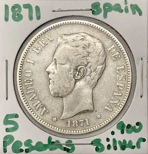 1871 Spain 5 Pesetas .900 Silver World Coin - Amadeo I Savoy Crown Dollar KM 666 - Picture 15 of 15