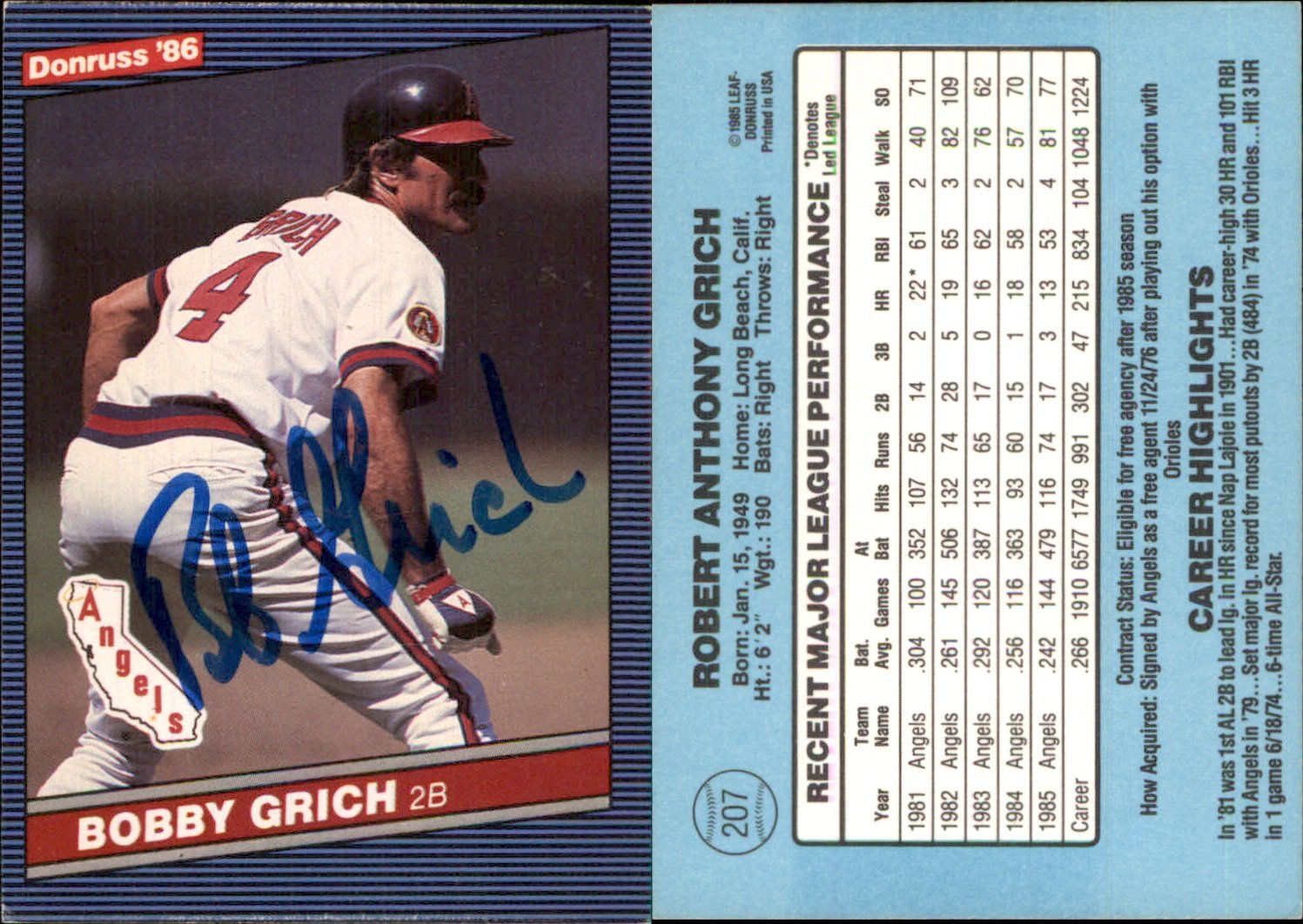 Bobby Grich Signed 1986 Donruss #207 Card California Angels Auto AU