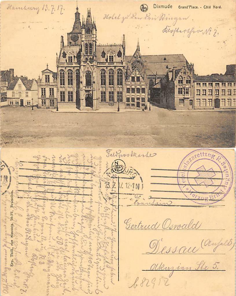 Details zu (b82952) Lazarettzug Feldpostansichtskarte Dixmude 1917 nach Dessau, Stem HEISSE neue Arbeit