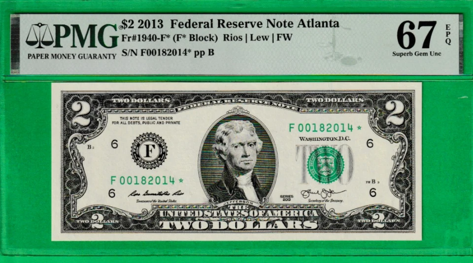 $2  Federal Reserve Note STAR ⭐ PMG 67 BIRTH YEAR  Serial Number  ""2014*" - Image 2 of 3