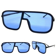 OVERSIZED EXAGGERATED Modern Retro Shield SUNGLASSES Large Black Frame Blue Lens