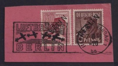 Berlin 6 + 14 gestempelt, Luftbrücke, geprüft Schlegel, 15+60 Pf Schwarzaufdruck - Bild 1 von 2