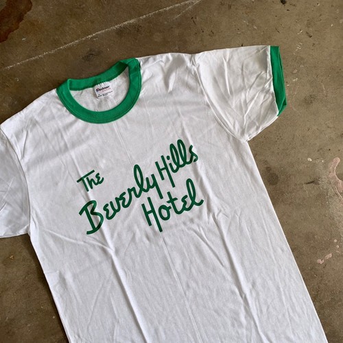 80s VINTAGE THE BEVERLY HILLS HOTEL LOS ANGELES WHITE RINGER T-SHIRT MEN SZ S - Picture 5 of 11