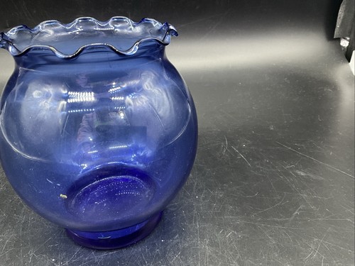 VTG Cobalt Blue Rufffled Rim Ivy Bowl Vase - Picture 4 of 7