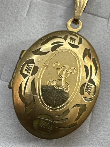 Antique Victorian 1893 Oval Etched Roses & J 14k Gold Filled Locket Signed EL - Picture 3 of 11