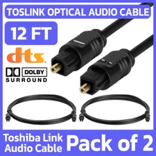 2 Pack Optical Fiber Cable 12ft TOSLink Digital Audio Wire SPDIF Optic TV Cord