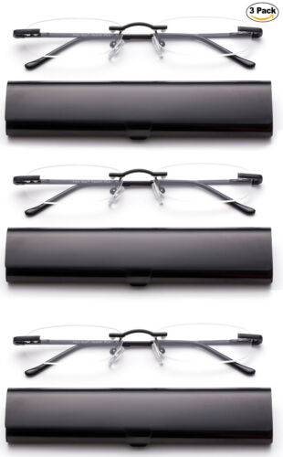 Classic Black Rimless Reading Glasses Readers Travel Slim Design with Case - Picture 12 of 14