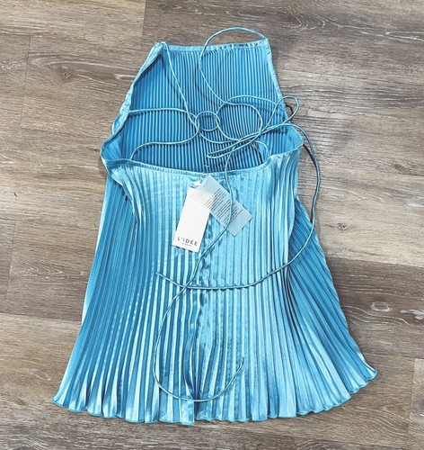 L'IDEE US Sz 6 Summer Blue Ete Mini Dress Umbrella Pleat Criss Cross NWT NEW - Picture 3 of 9
