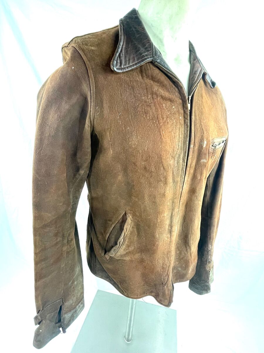 VTG 30S 40S MENS S BROWN SUEDE LEATHER CINCH BACK SLEEVE ZIP VTG 30S 40S MENS S BROWN SUEDE LEATHER CINCH BACK SLEEVE ZIP
