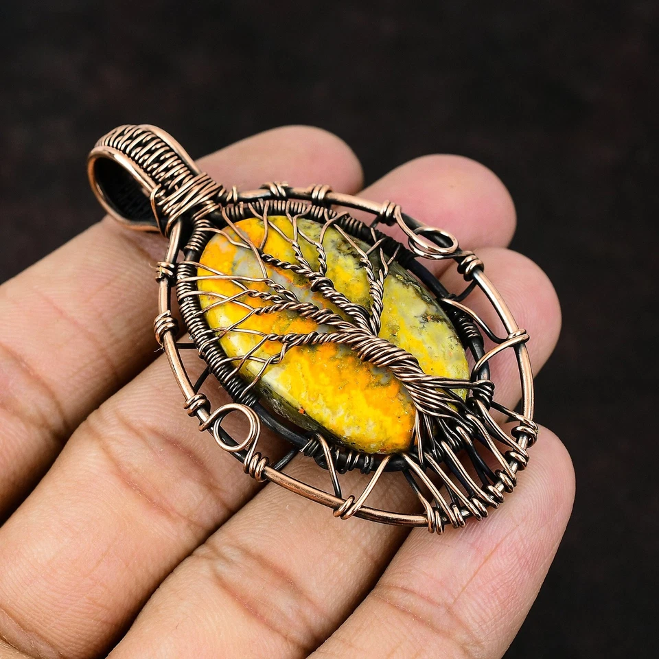 Bumble Bee Jasper Copper Gift For Mum Wire Wrapped Tree Of Life Pendant 2.6" - Image 2 of 4