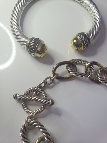 Women twisted cable wire bangle bracelet & gold/silver chain link bracelet set - Picture 3 of 4
