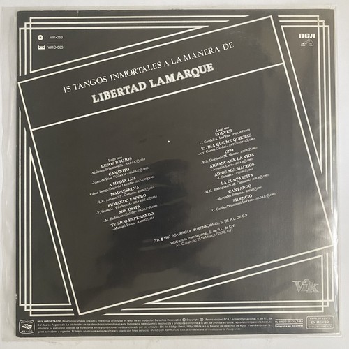 LIBERTAD LAMARQUE - 15 TANGOS INMORTALES A LA MANERA DE - 1987 MEXICAN LP - Picture 2 of 4