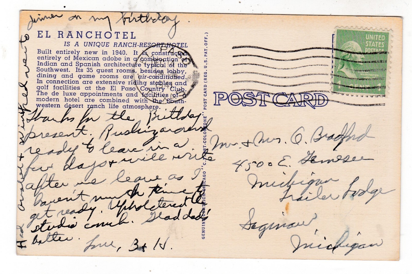 1941 EL PASO TEXAS EL RANCHOTEL LODGE HIGHWAY 80 VINTAGE POSTCARD TX SAGINAW MI