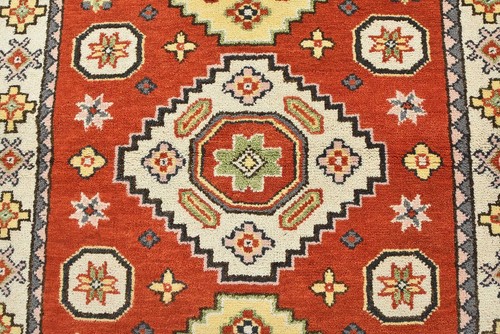 Kazak Rug 4'2'' x 6'1'' Orange Wool Tribal Hand-Knotted Oriental Carpet - Picture 5 of 12