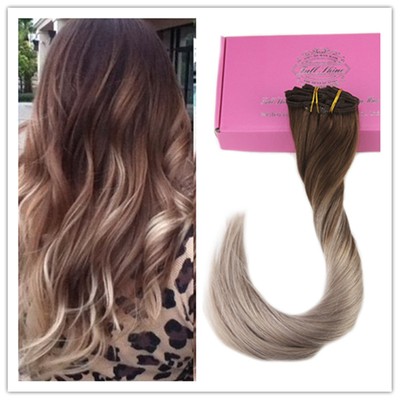 Full Shine Remy Clip In Human Hair Extensions Ombre Dark Brown To