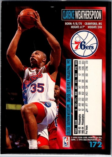 1994-95 Fleer Clarence Weatherspoon Philadelphia 76ers #172 - Picture 2 of 2