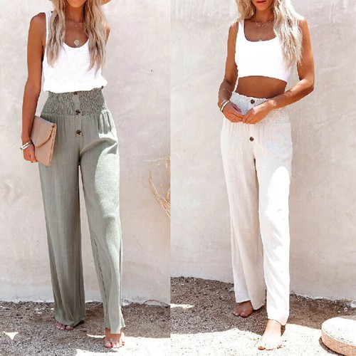 Summer Womens Loose Wide Leg Pants Ladies Holiday Elastic Waist Pockets Trousers - Picture 7 of 15