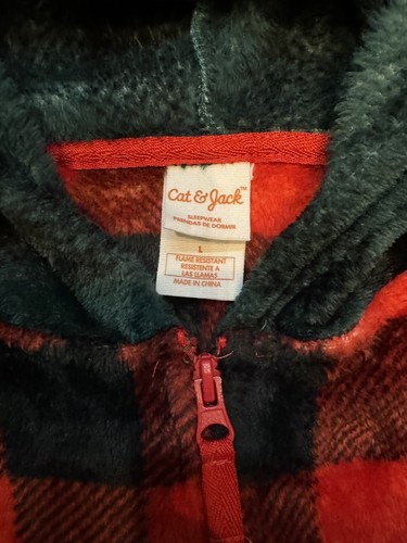 Red & Green Flannel Plaid Onepiece + Hood Zip Size L Cat & Jack Kid's Pajamas - Picture 5 of 6