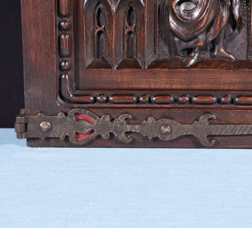 Vintage French Solid Beech and Chestnut Highly Carved Neo Gothic Door w/Hinges - Picture 7 of 14