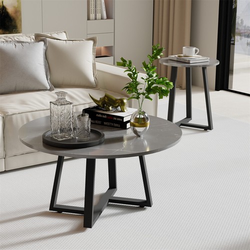 WISFOR 2PCS Round Nesting Coffee Table Dark Grey Marble Table for Sofa Side Home - Picture 3 of 14