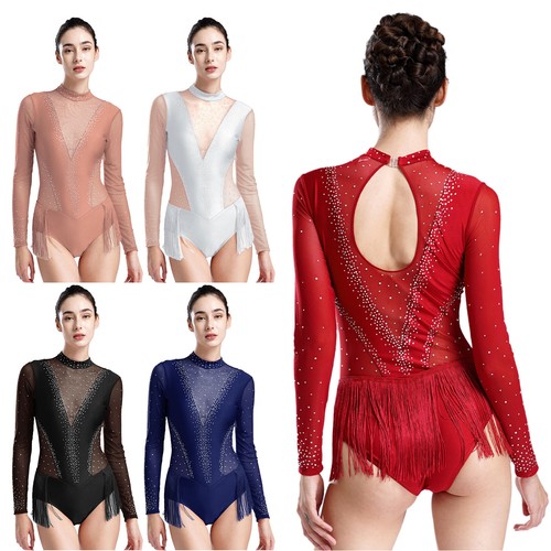 Womens Figure Ice Skating Leotard Rhinestones Fringe Latin Dance Dress AU - Picture 5 of 65