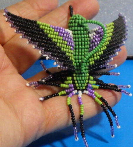 Indian seed bead hummingbird ornament solid body 3 7/8X4" purple green black whi - Picture 4 of 5