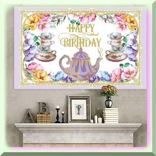 Tea Party entzückendes Deko Set: Happy Birthday Banner, Blumenhintergrund, Teekanne & - Bild 5 von 7