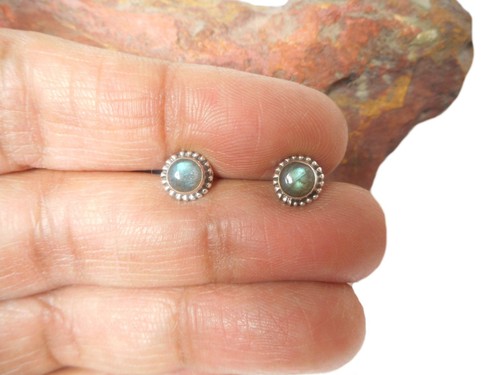 Pendientes redondos de labradorita plata esterlina 925 de piedra preciosa - 5 mm - Imagen 5 de 6