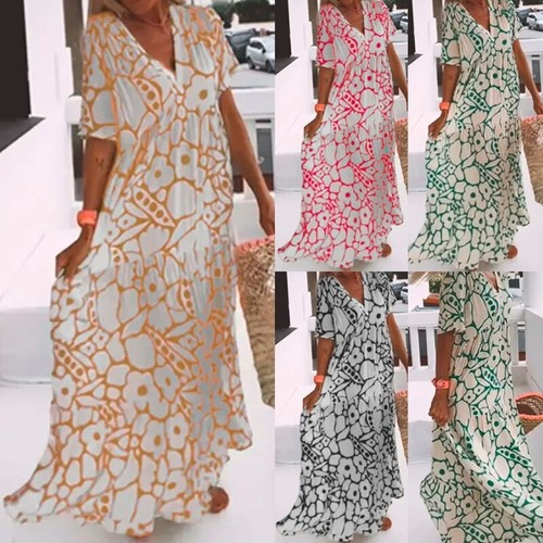 Womens Summer V Neck Floral Dress Ladies Loose Pullover Beach Ruffle Sundress - Picture 1 of 14