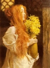 Oil painting sir lawrence alma tadema - spring flowers young girl with yellow