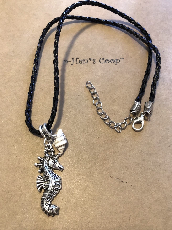 Seahorse W Natural Conch Sea Shell Charm Necklace leather 18" handmade USA 1759 - Image 3 of 3