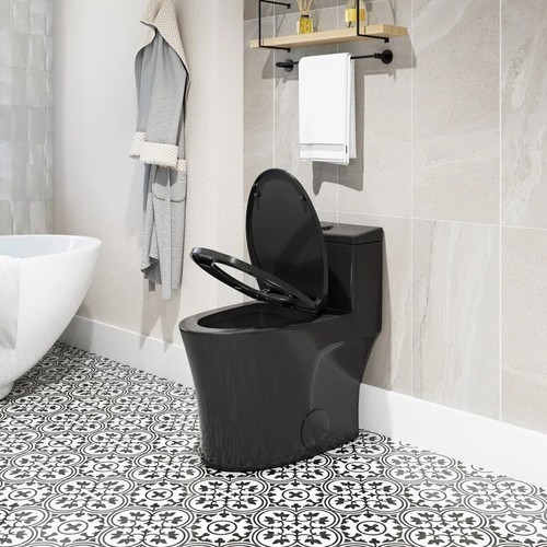 one Piece Toilet 10 '' Rough-In Elongated ADA height seat Dual Flush Black - Picture 2 of 12