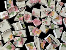 Broken China Mosaic Tiles PINK Florals Black Accents 50 pieces Chunky/ Thick