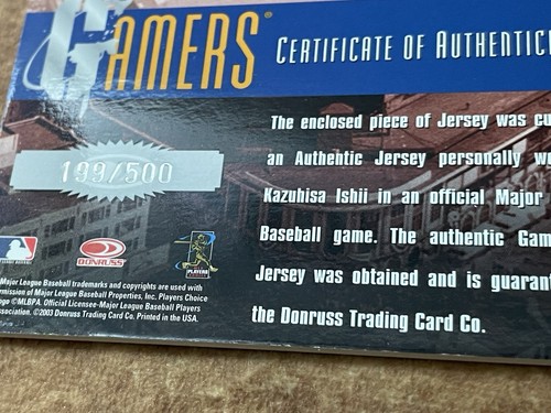 2003 Donruss Gamers Jersey Relic /500 Kazuhisa Ishii #G-31 Baseball Card - Picture 3 of 3
