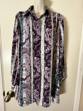 Chinco's Button Up Collared Tunic Sz M Paisley Long Cuff Sleeve Flared Hemd Hem