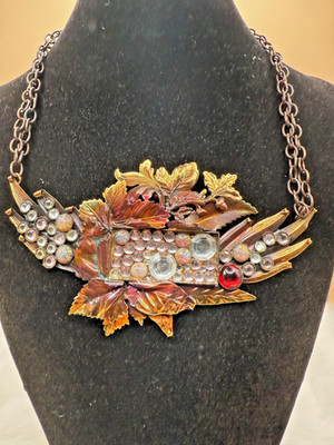 Vintage Alana from Italy Handcrafted Bronze, Gold & Rhinestone Deco Necklace