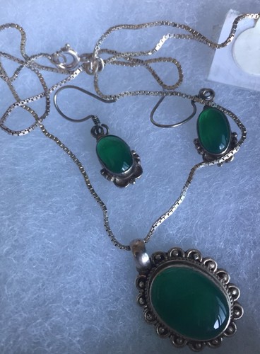 Vintage Poured Glass Necklace Earrings Sterling Silver SET 925 Italy Green Estat - Picture 8 of 11