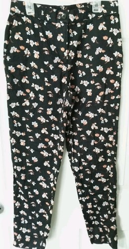 People Tree Pants Organic Cotton Slacks Black Floral Print Women's 8 Pockets - Bild 2 von 14