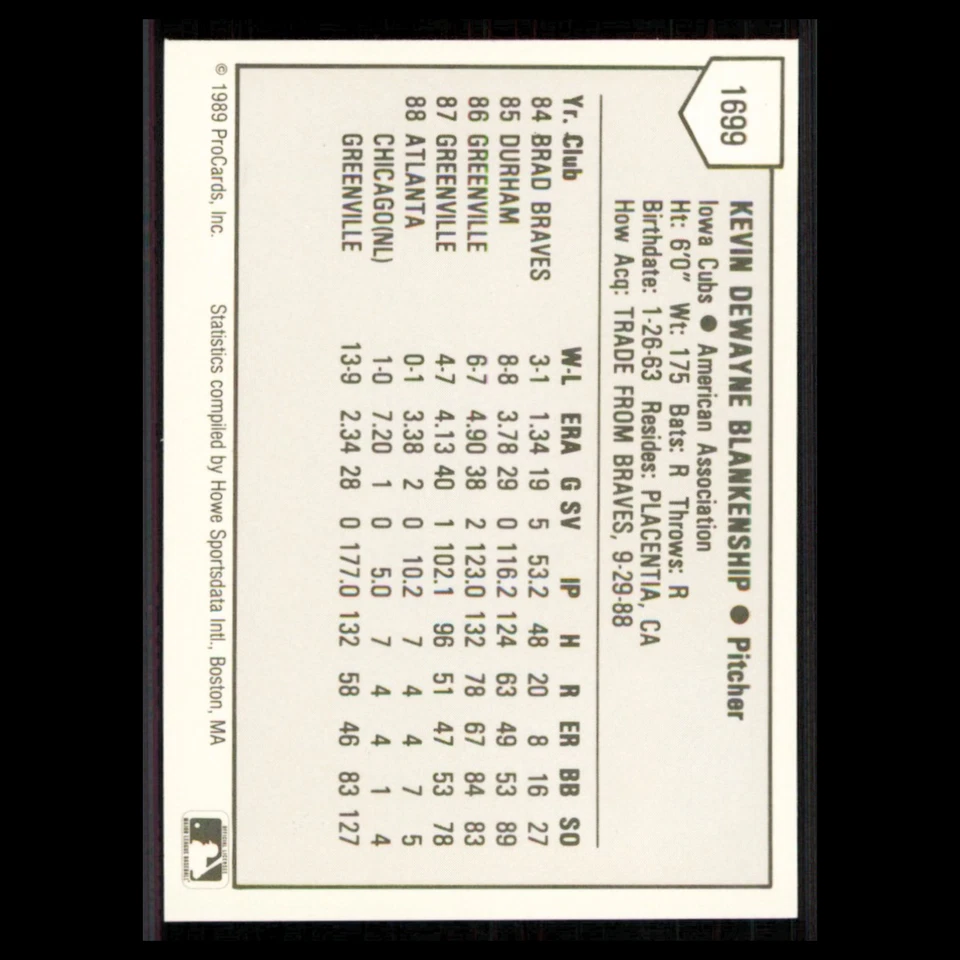 Kevin Blankenship #1699 1989 ProCards Minor League Team Sets Iowa Cubs Baseball - Image 2 of 3