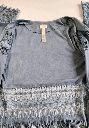 Chico's Light Blue Suede Fringe Lace Jacket - Boho Chic Style, Size 1 (XS) - Picture 10 of 11