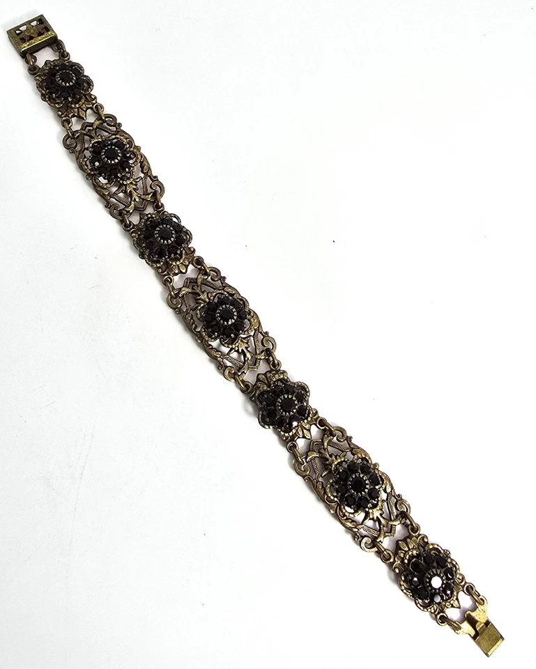 Pulsera de diamantes de imitación de latón vintage de mediados de siglo con flores de diamantes de imitación negros Foto 2 de 4
