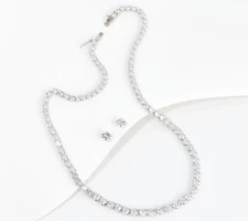Diamonique Sterling Silver Tennis Necklace & Studs, 16"