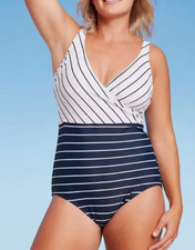 NEW Kona Sol Women's Striped V Neck Full Coverage One Piece Swimsuit Size XL