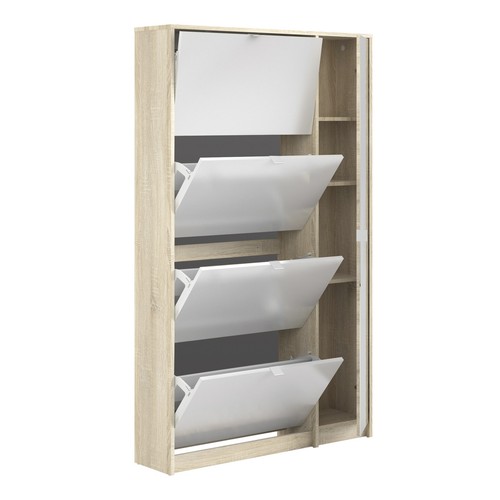 Oak & White Shoe Cabinet - 4 Flip-Down Doors, Storage for 24 Pairs, 98cm - Picture 4 of 8