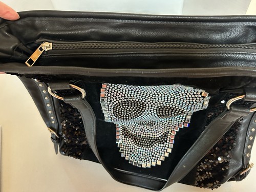 Bolso de Mano Calavera Cuero Estrás Calavera Lentejuelas Plateado Herrajes Forrado 18x14x5 - Imagen 6 de 10