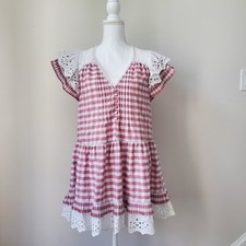 Hunter Bell Virginia Dress Rosette Check Sz S Pink  Mauve Eyelet Ruffle Gingham