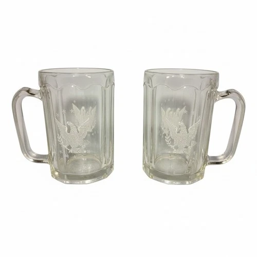 Vintage Federal Eagle Glass Beer Steins Mugs - Set of 2 - Frosted Etched Design