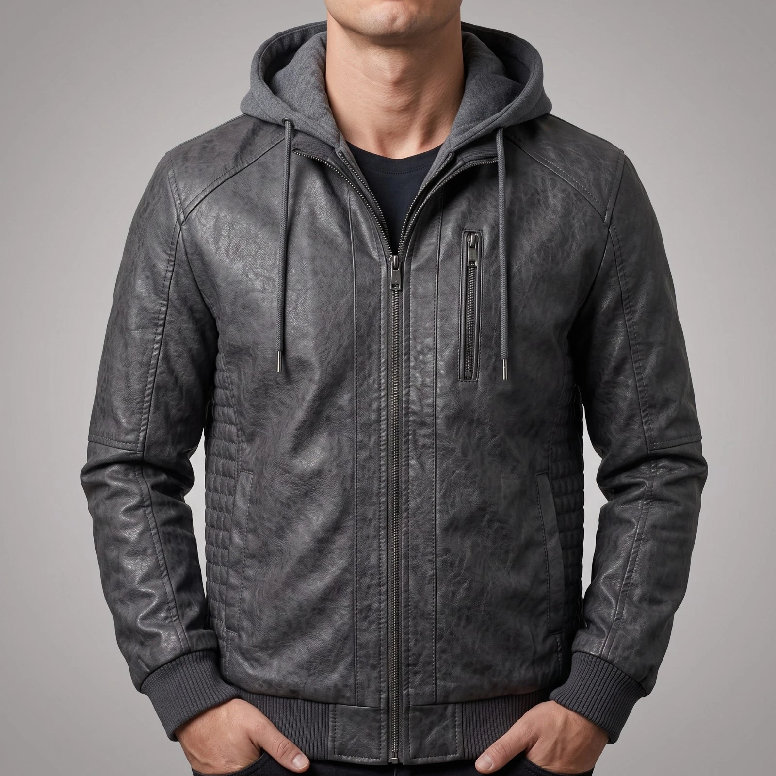 Hand-Burnished Distressed Gray (All Colors) Leather Hoodie Bomber Jacket Men's - product detail image 4