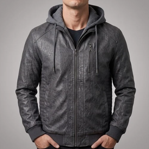 Hand-Burnished Distressed Gray (All Colors) Leather Hoodie Bomber Jacket Men's image 4